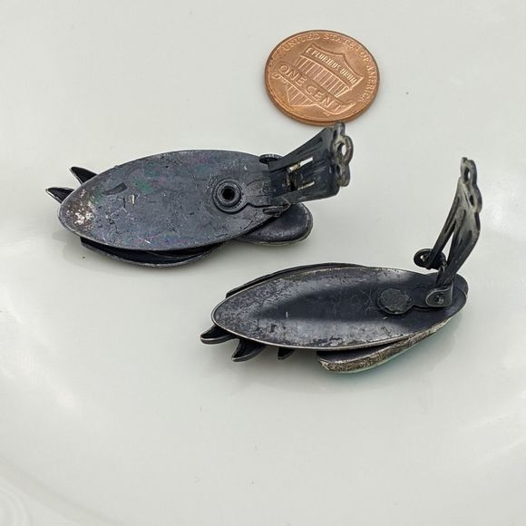 Vintage Blue Green Dark Silver Wing Clip Earrings - Picture 10 of 10